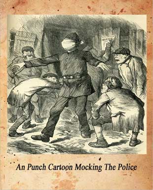 A cartoon showing a blindfolded policeman being taunted by criminals.