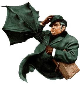 A man struggling with an umbrella.