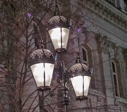 A group of three gaslamps alongside our ghost walk start point.