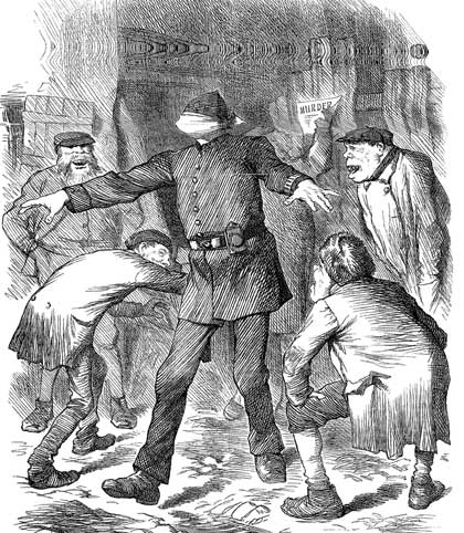 A Puch cartoon showing a blindfolded policeman being taunted by criminals.