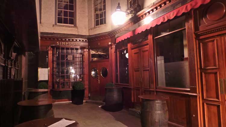 The exterior of Simpson's in Ball Court in the City of London.