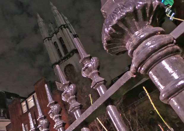 The chuch tower of St Michael Cornhill seen at night.