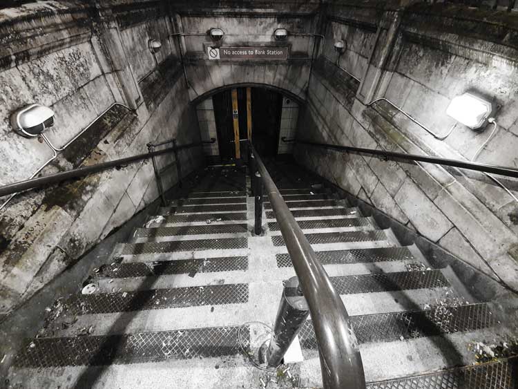 Looking down into Bank Underground Station.